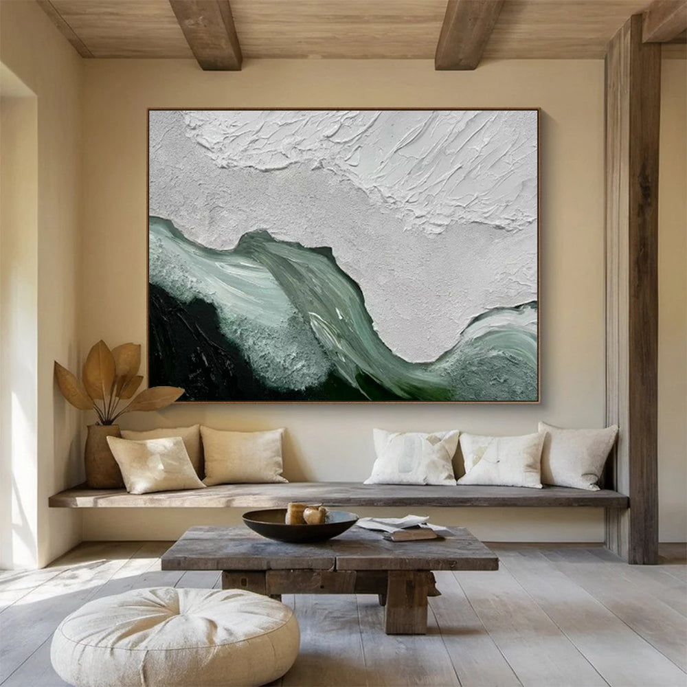 “Textured White & Teal Waves” - White, Teal, Green Impasto Abstract Painting On Canvas DKH744