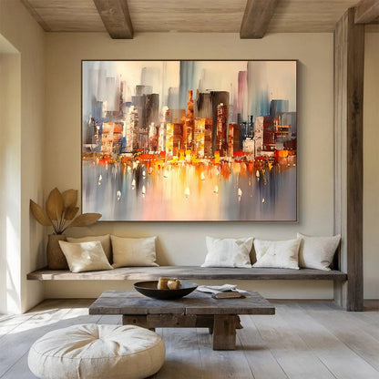 Colorful City Skyline - Gray, Orange & Blue Urban Painting On Canvas DKH899