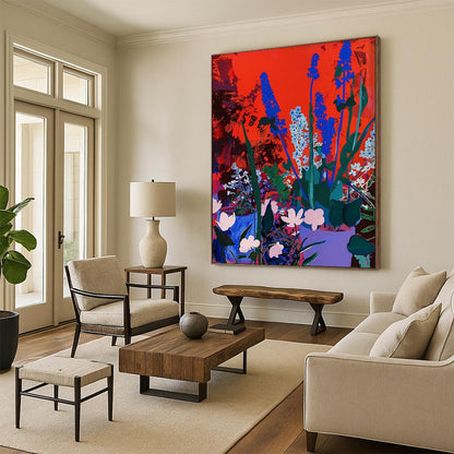 “Blue Flowers on Red” - Pop Art - Inspired Floral Painting On Canvas DTP100
