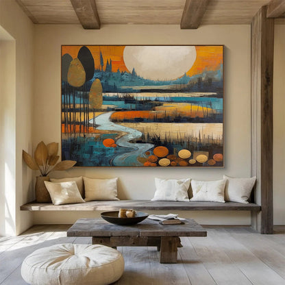“Stylized Moonlit River” Cubist Landscape Painting On Canvas DLZ086