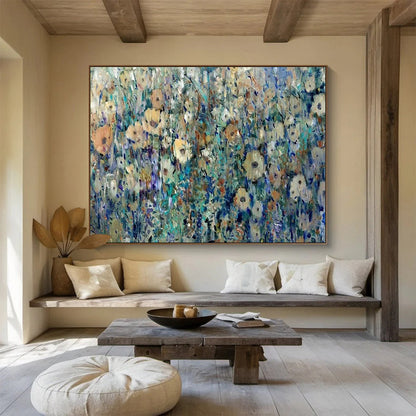Impressionistic Wildflower Field - Blue, Green & Yellow Floral Painting On Canvas DKH897