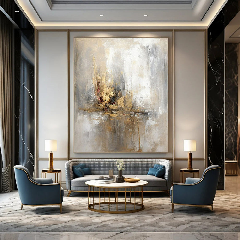 Grey, Gold, White & Red Abstract Reflection - "Ethereal Reflections" - Abstract Oil Painting CT1463