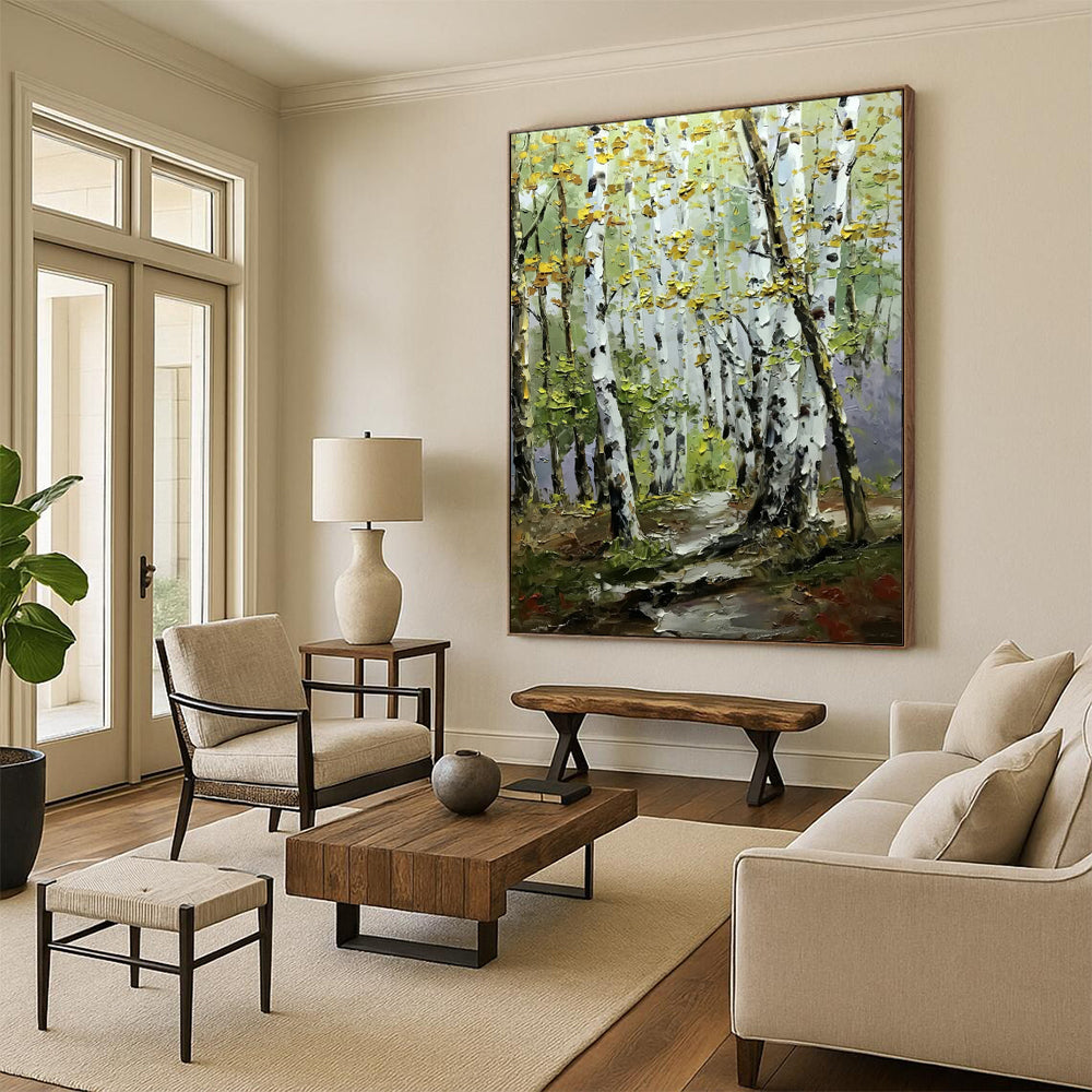 “Golden - Hued Birch Forest Path” – Impasto Landscape Oil CT2093