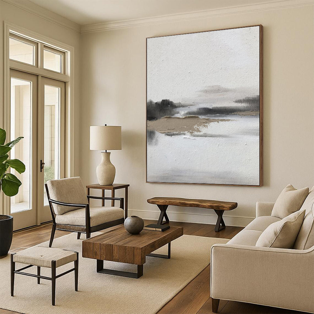 “Neutral Textured Waterscape” - Abstract Landscape Painting On Canvas DKH1672