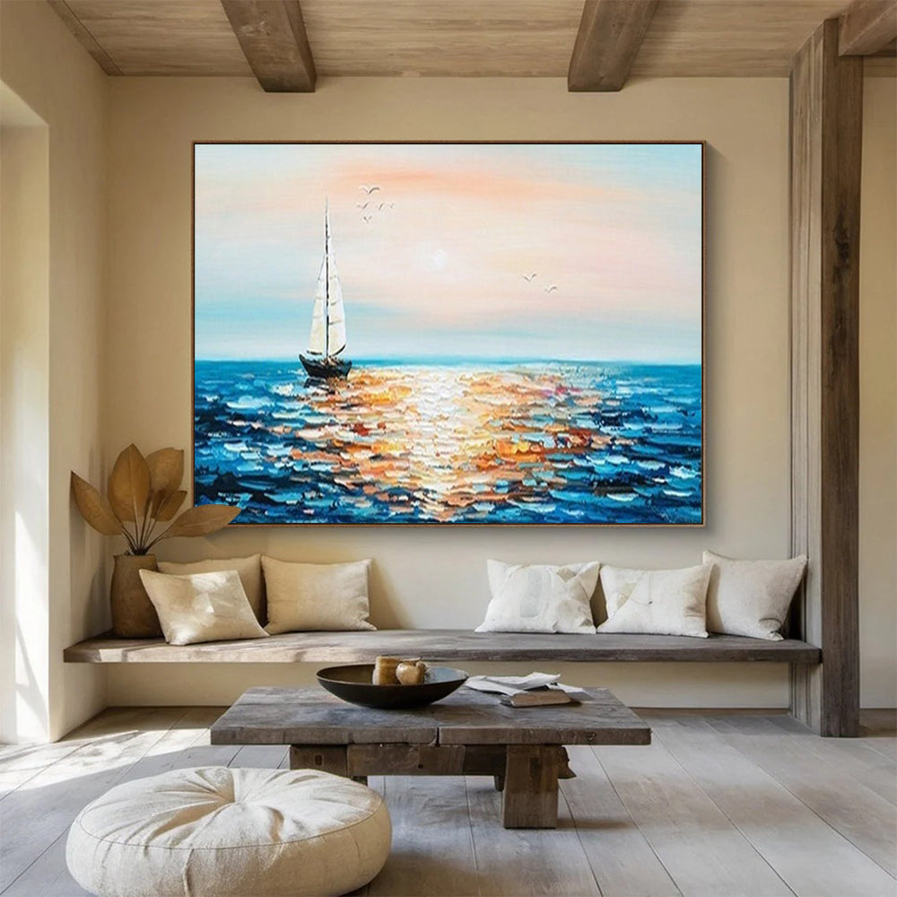 Sunset Sailboat Sparkle - Impressionist Seascape Painting On Canvas DLZ188