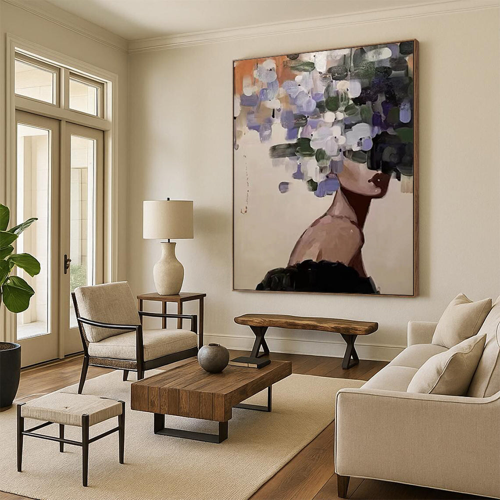 “Flower - Headed Figure” - Purple, Green, Beige Figurative Painting On Canvas DTP309