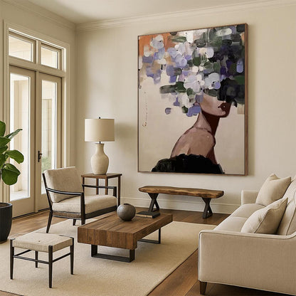 “Flower - Headed Figure” - Purple, Green, Beige Figurative Painting On Canvas DTP309