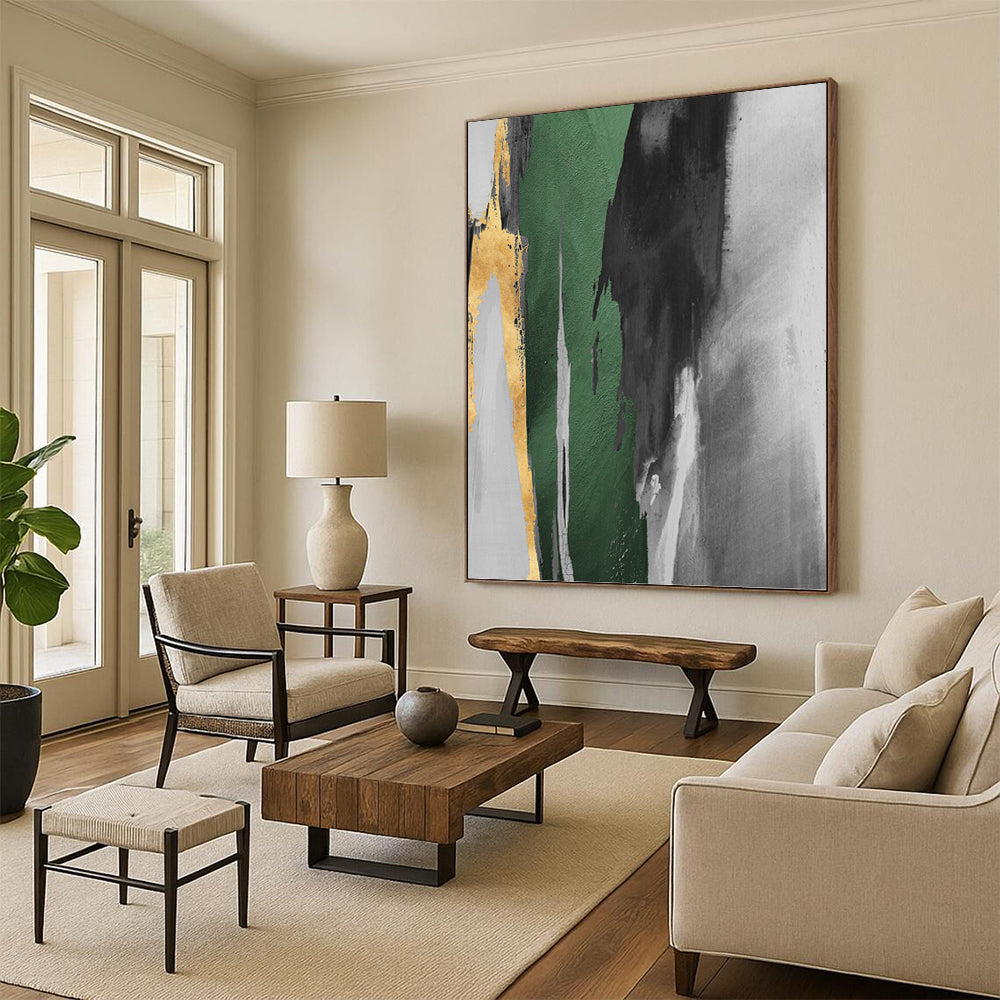 “Gilded Green Streak” - Green, Gold, Gray & White Abstract Brushstrokes Painting On Canvas DKH1522