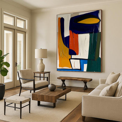 “Bold Geometric Palette” - Blue, Orange, Yellow & Green Abstract Shapes Painting On Canvas DKH1187