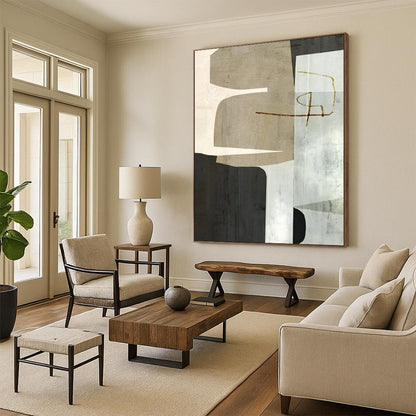 “Neutral - Toned Geometric Collage” - Abstract Painting On Canvas CT2319