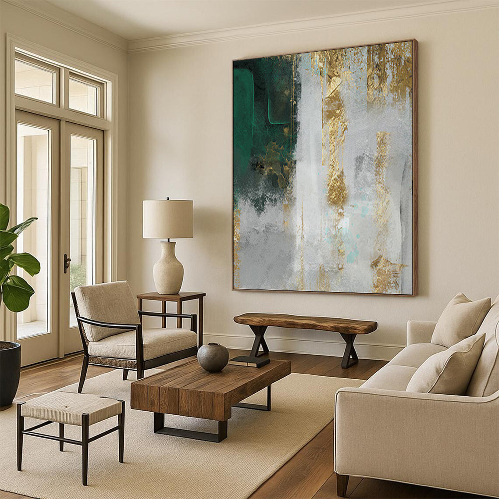 “Gilded Emerald” - Green, Gold & Gray Textured Abstract Painting On Canvas DKH1518