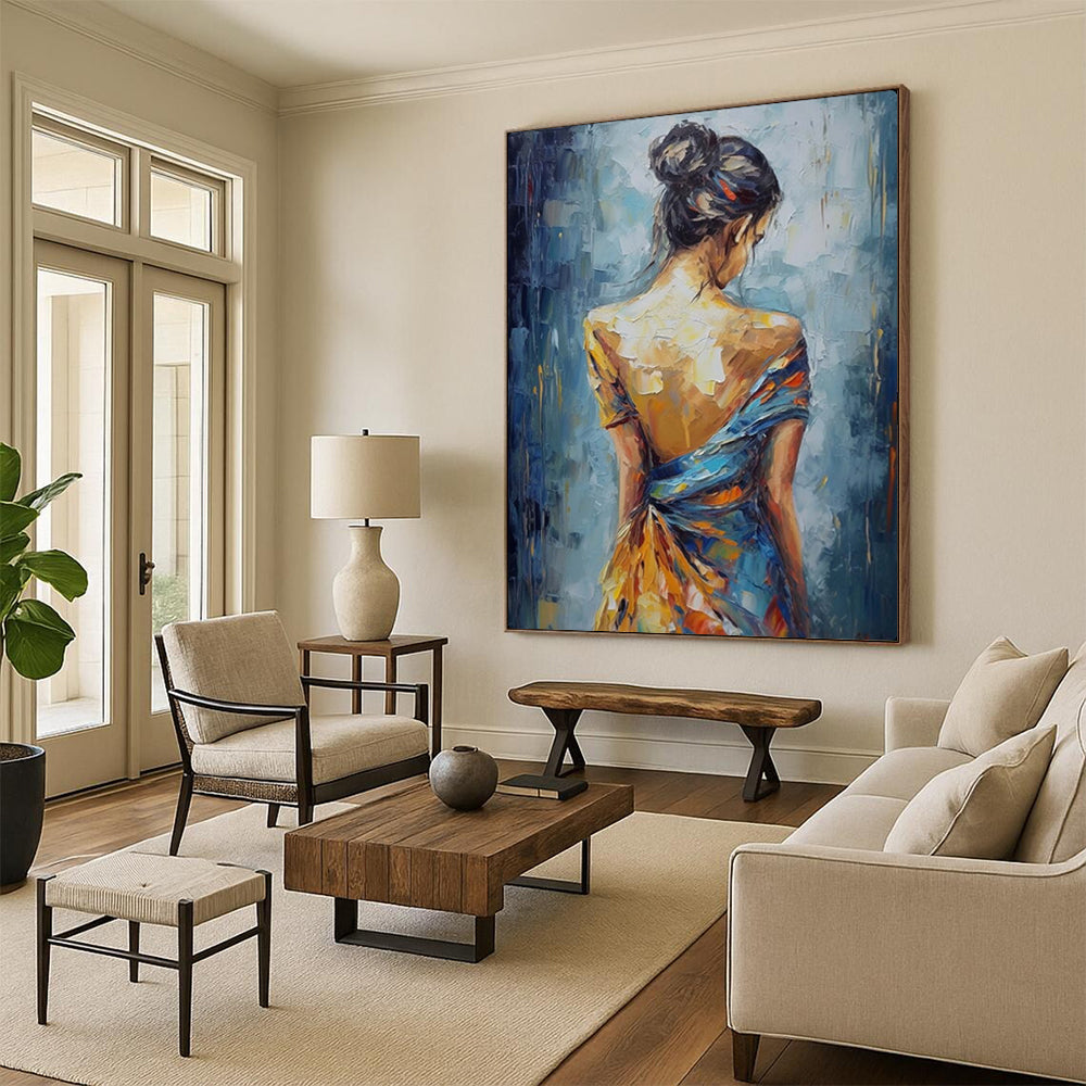 “Back View of Colorful - Dressed Woman” – Impressionistic Figure Oil Painting On Canvas CT2137