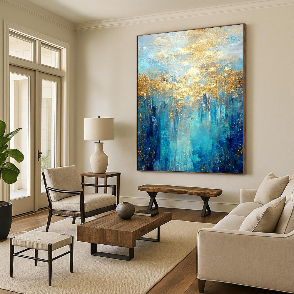 “Turquoise - Gold Abstract Forest” - Abstract Expressionist Painting On Canvas DTP065