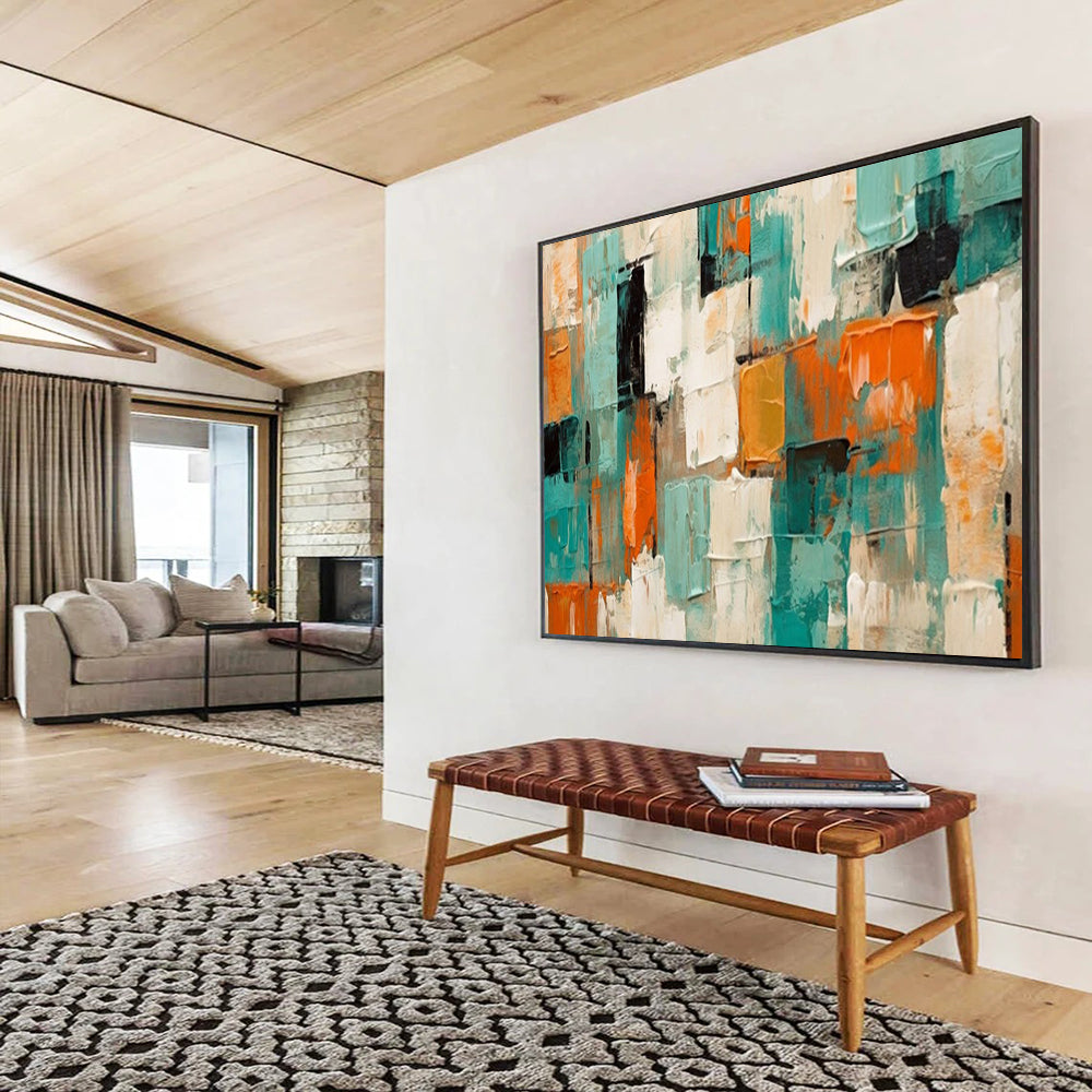 “Teal - Orange Textured Blocks” – Abstract Acrylic Painting CT1721