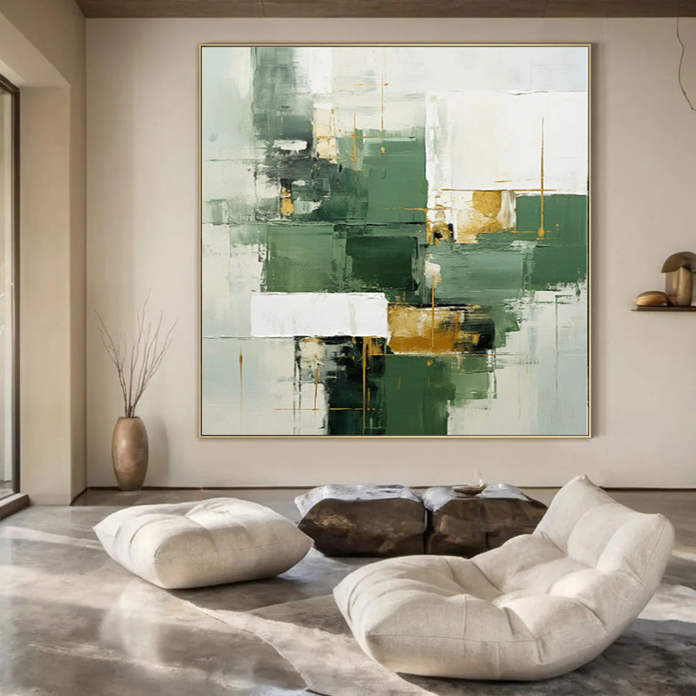 “Green - Gold Geometric Abstract” Modernist Acrylic Art CT0199