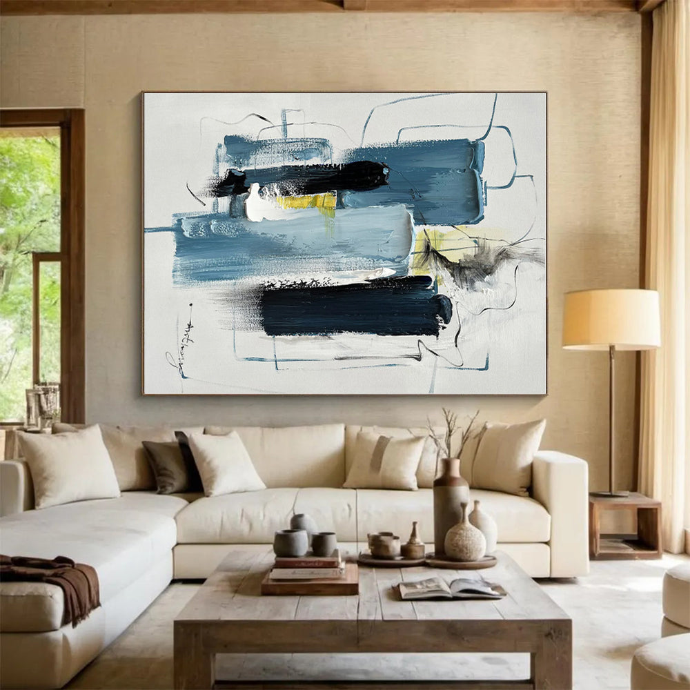 “Blue - Toned Abstract Forms with Lines”，Abstract Contemporary Acrylic Painting CT0516