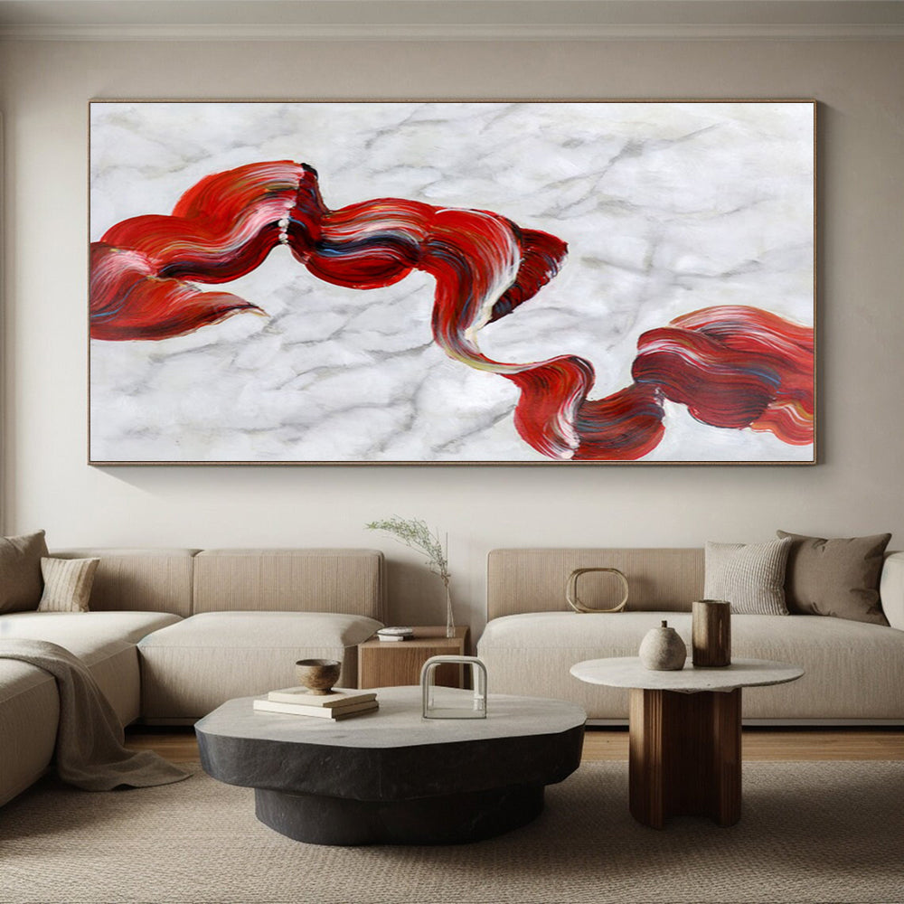“Flowing Red - White Marble Ribbons” Abstract Acrylic Art CT0307