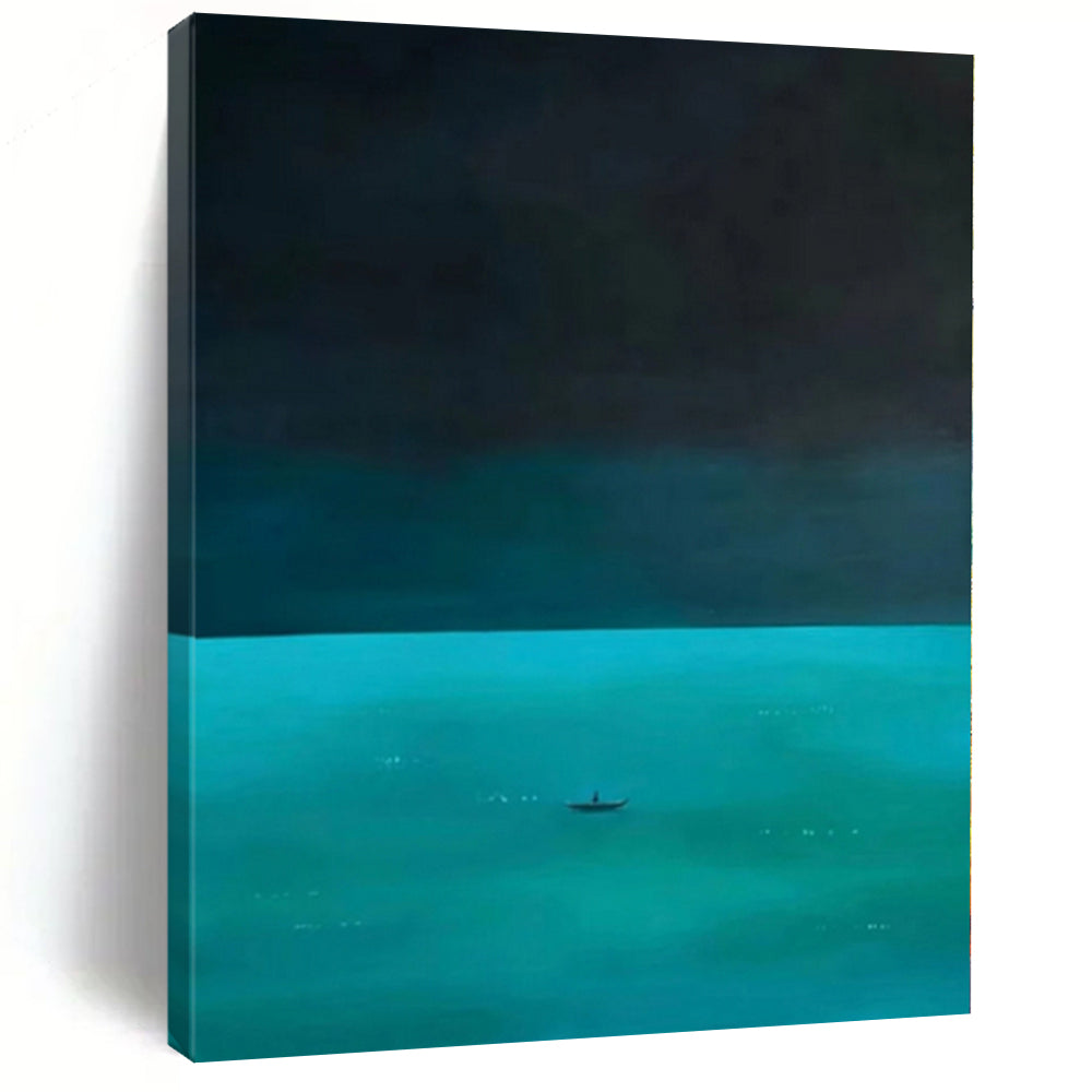 “Dark Blue - Teal Sea with Boat” Minimalist Acrylic Art CT0194