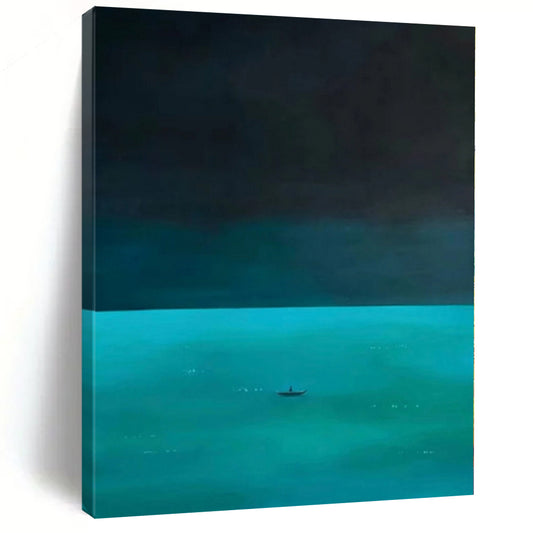 “Dark Blue - Teal Sea with Boat” Minimalist Acrylic Art CT0194