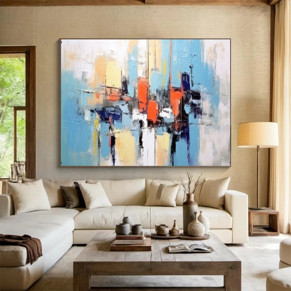 “Hand - painted Harbor Abstraction” - Color - blocked harbor scene in blue, orange, and yellow CT1646