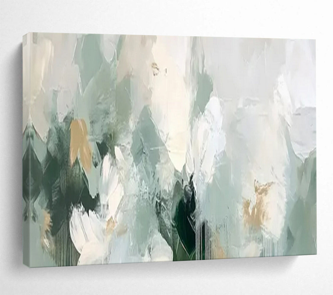 “Mint & Gold Dreamscape” – Soft greens, whites, golds with fluid, abstract acrylic forms CT1693