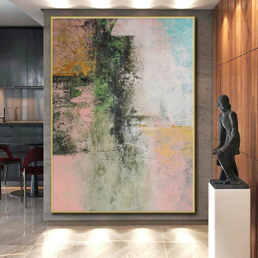 “Blush & Green Fusion” - Abstract Acrylic with Pink, Green, Yellow, Blue CT0044
