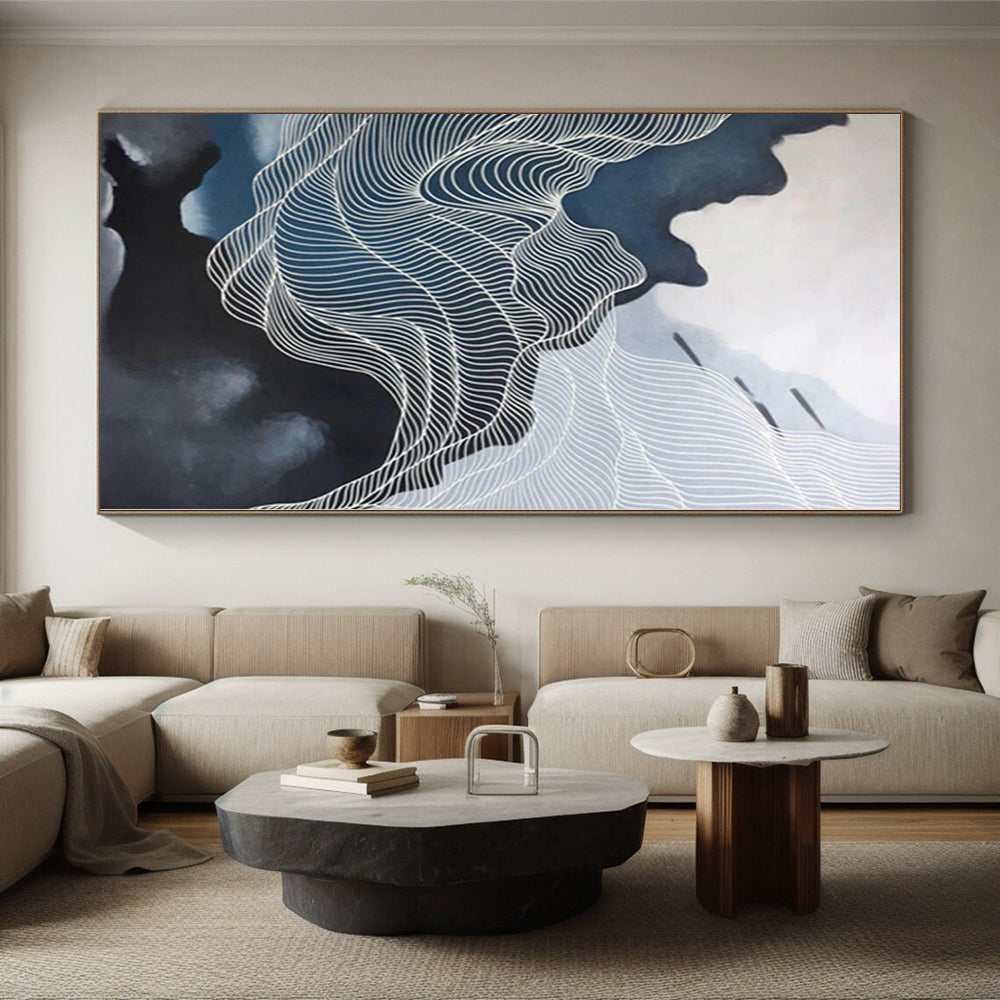 “Dark and Light Wavy White Lines”，Contrast - Focused Abstract Painting CT0358