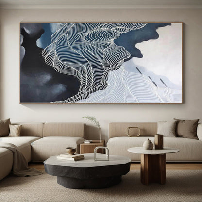 “Dark and Light Wavy White Lines”，Contrast - Focused Abstract Painting CT0358