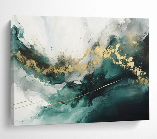“Teal - Gold Fluid Waves” - Teals, greens, golds; flowing, marble - like abstraction CT1616