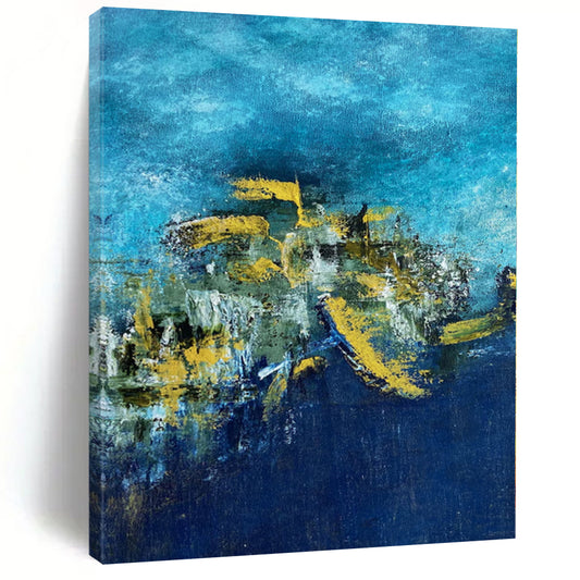 “Ocean Gold” - Abstract Painting with Blue, Yellow, Green, White CT0062