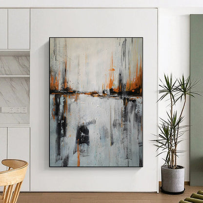 “Orange & Black Strokes on White: City Reflection” - Abstract Landscape Painting CT0384