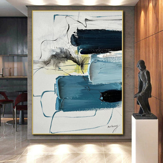 “Blue - Gray Abstract Composition” - Abstract Expressionist Art CT0484