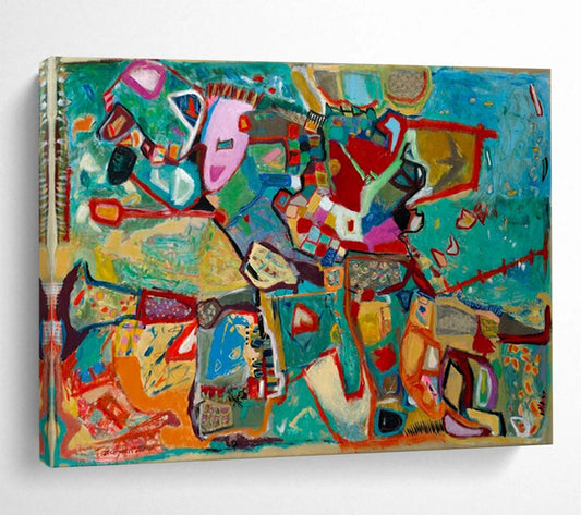 Vibrant, abstract painting with a mix of colors and shapes on a blue background CT1657