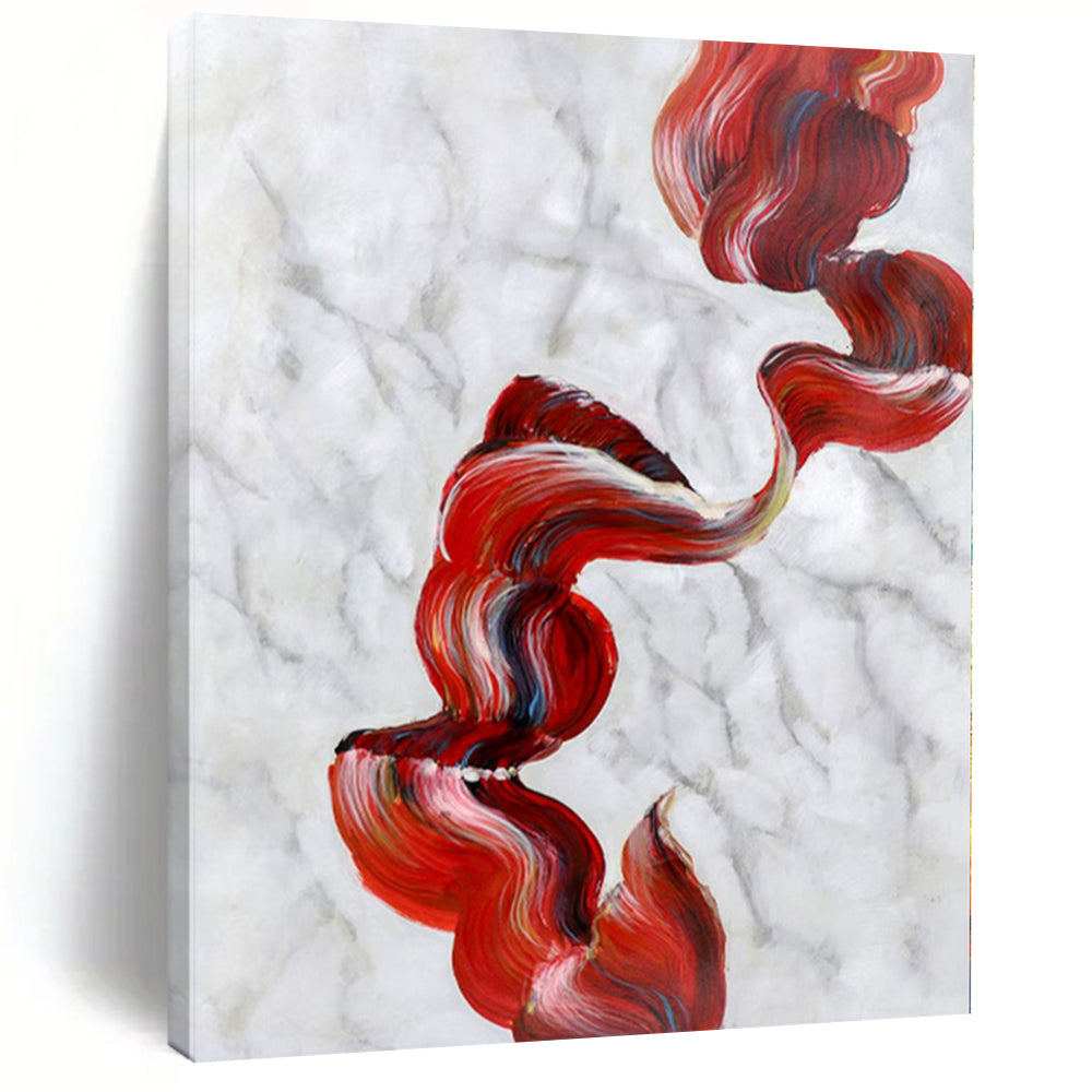 “Flowing Red - White Marble Ribbons” Abstract Acrylic Art CT0307