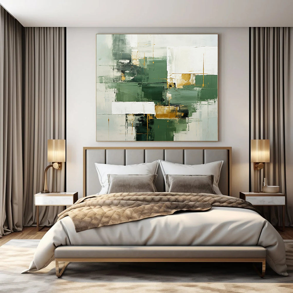 “Green - Gold Geometric Abstract” Modernist Acrylic Art CT0199