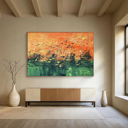 “Sunset Splash Symphony” - Oranges, greens, yellows, blacks; chaotic, colorful splatters CT1603