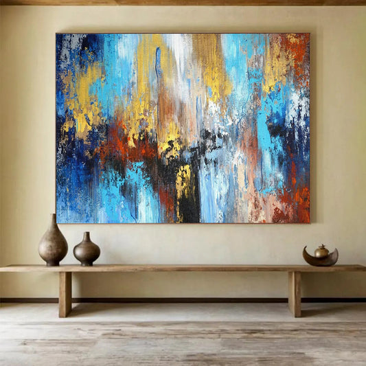 “Blue - Gold Urban Impasto” - Blues, golds, reds; vibrant, textured cityscape abstraction CT1606