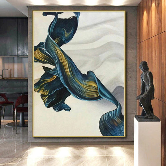 “Flowing Blue - Gold Ribbons” Abstract Acrylic Art CT0301