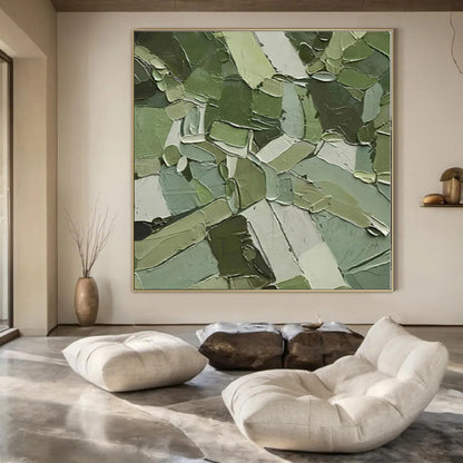 “Patchwork Green Textured Abstract” Cubist - Inspired Acrylic Art CT0201