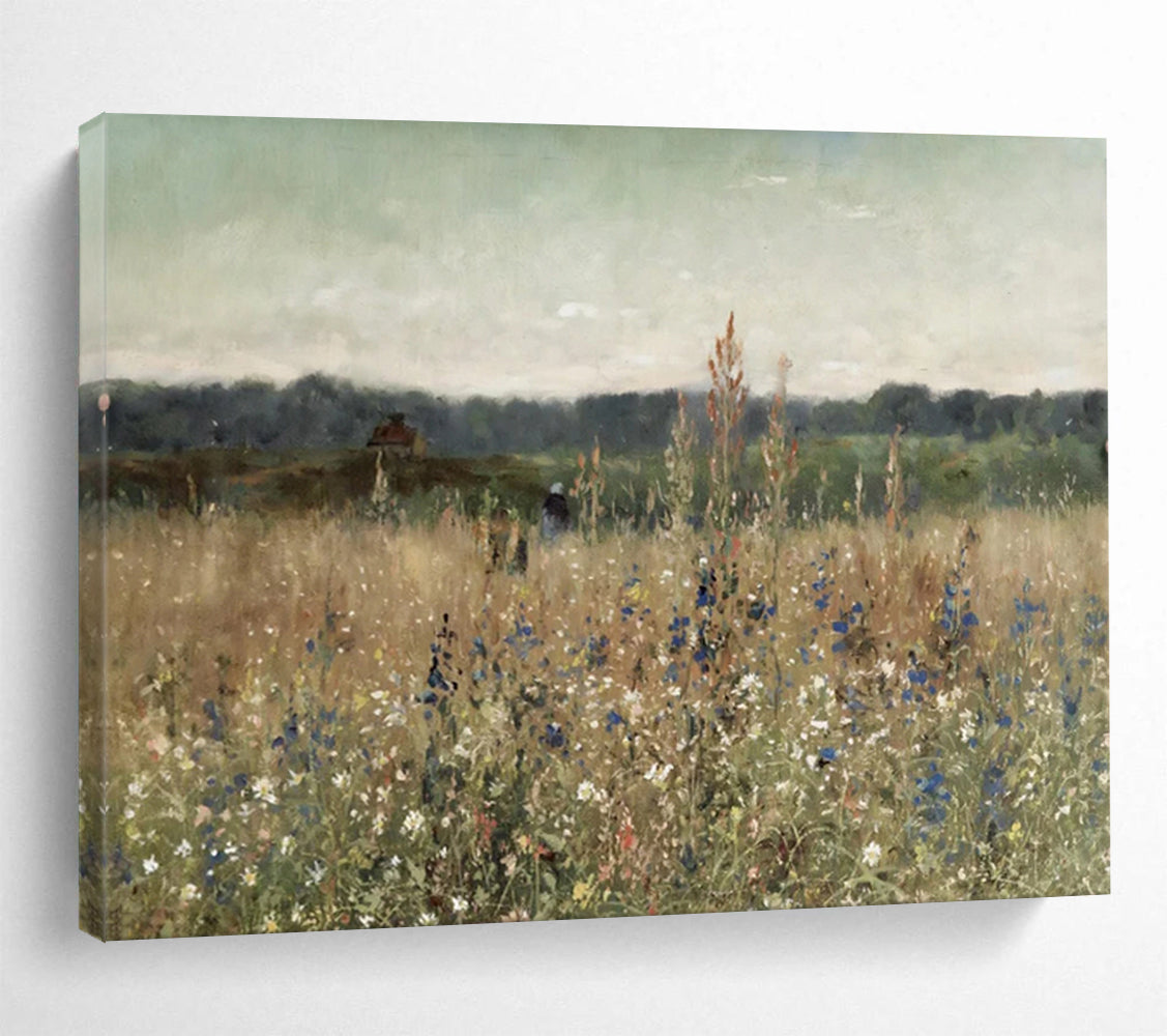 “Meadow Reverie” - Soft greens, yellows, blues; tranquil field with wildflowers, distant cottage CT1486