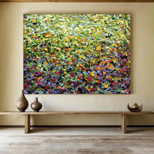 Vibrant Greenery with Colorful Flecks - Impressionistic Acrylic Landscape CT1797