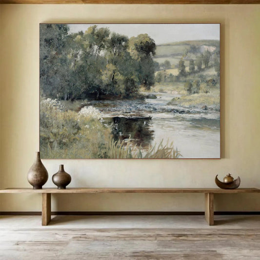 “River’s Embrace” - Lush greens, blues, browns; peaceful river winding through verdant lands CT1489