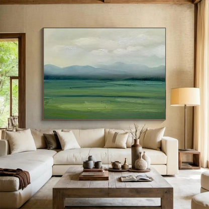 Misty Green Field & Distant Mountains - Landscape Oil Painting CT1785