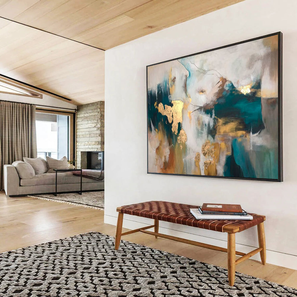 “Teal - Gold Abstract Fusion” - Teals, golds, whites; bold, textured abstraction with metallic flakes CT1632