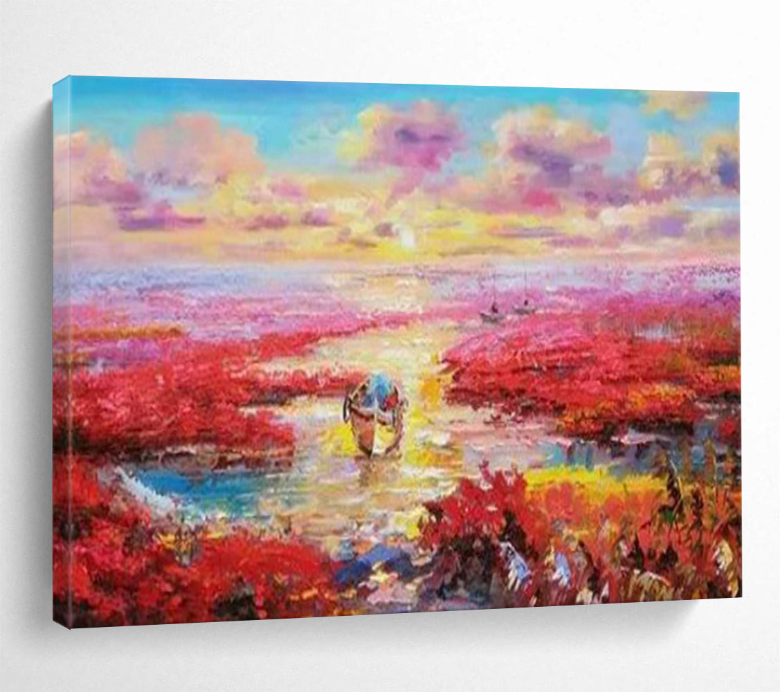 Pink Wetlands at Sunset with Boats - Romantic Oil Landscape CT1799