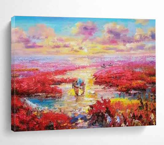 Pink Wetlands at Sunset with Boats - Romantic Oil Landscape CT1799