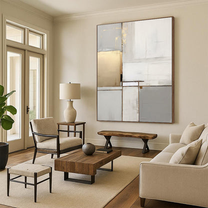“Gold, Gray & White Blocks: Elegant Abstraction” - Abstract Elegant Painting CT0390