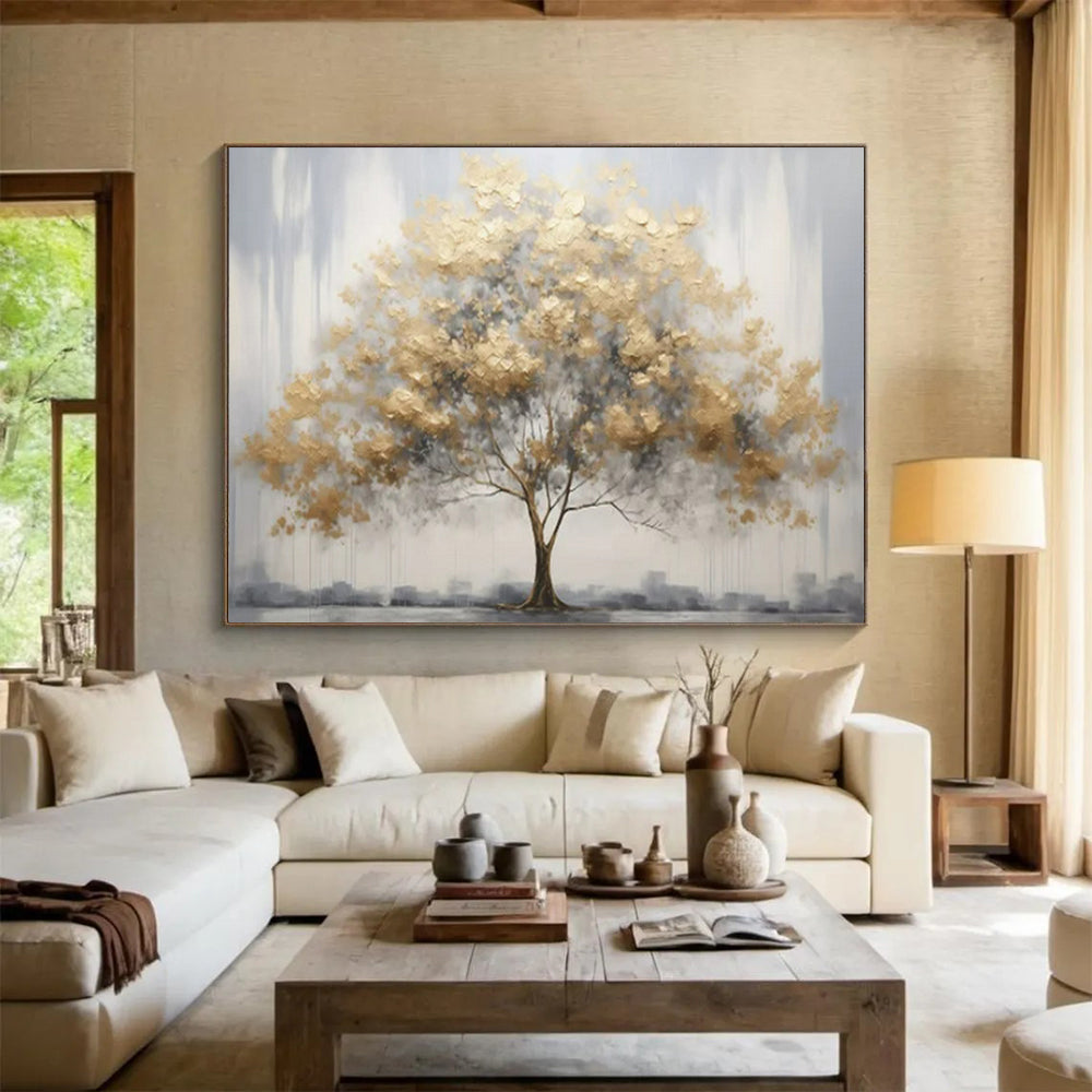 “Urban Gold Tree” - Golds, grays; textured tree with a cityscape backdrop CT1621