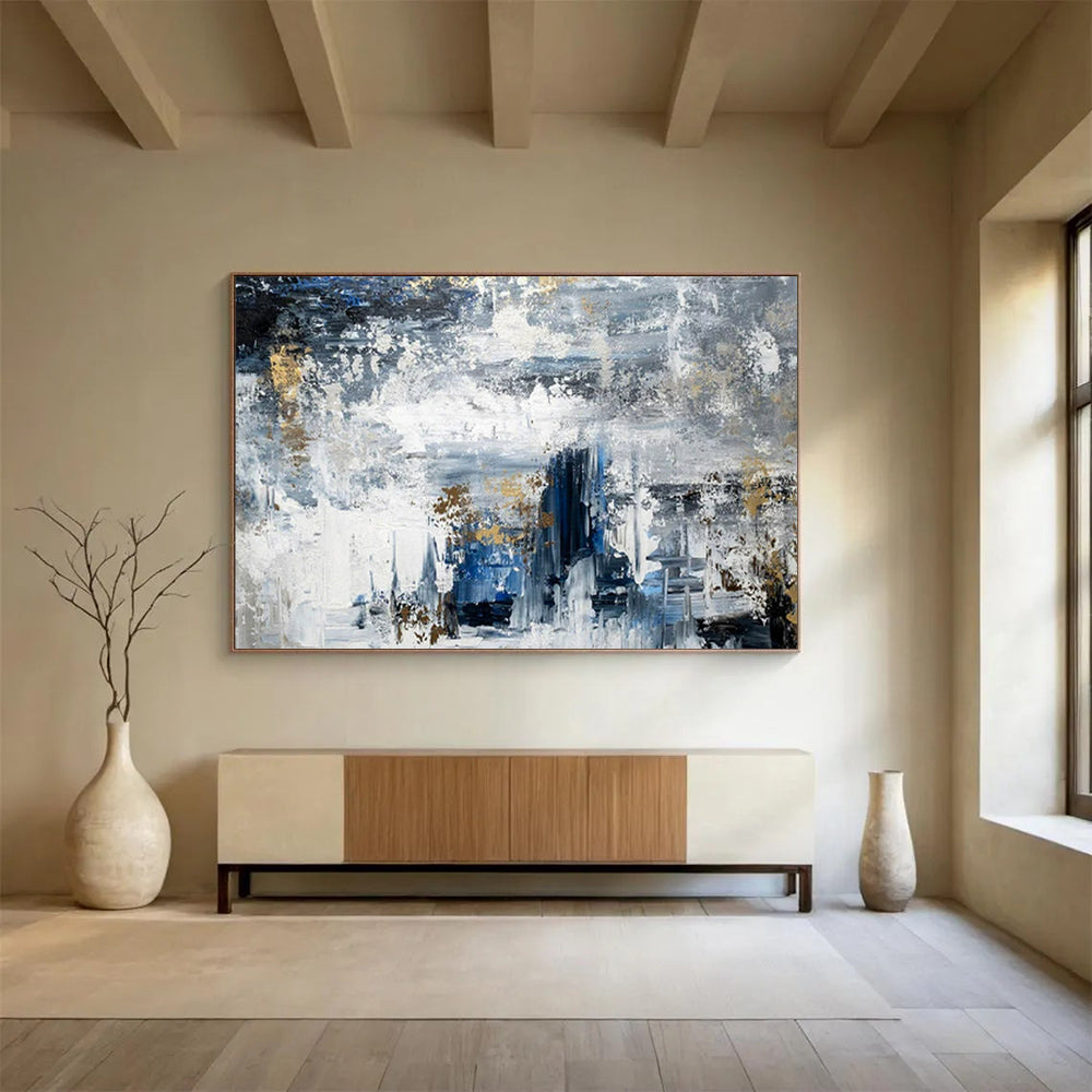 “Blue - Gray Gold Abstract” - Blues, grays, golds; textured, moody abstraction with gold accents CT1623