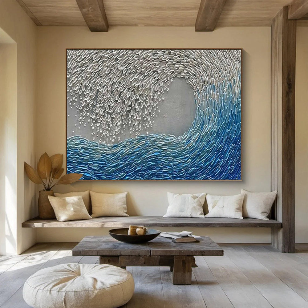 “Hand - painted Silver and Blue Wave” - Textured wave with silver and blue CT1654